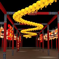 Traditional Event Gateway With Red Pillars Blue Patterns Yellow Dragon And Red Yellow Lanterns