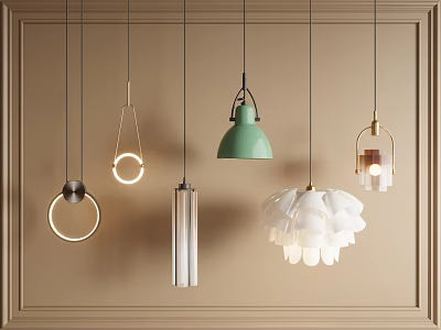 Various Design Pendant Lights With Different Shapes And Colors On Beige Paneled Wall 3d model