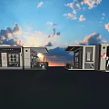 Floating Restaurant Buildings With Glass Windows Terrace And Sunset Over Water