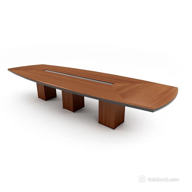 Modern Wooden Conference Table With Brown Oval Top Central Groove And Sturdy Legs 3d model 
