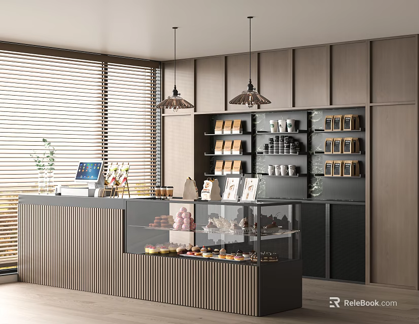 Modern Dessert Shop Interior with Glass Display Case Fresh Pastries Wooden Counter and Pendant Lights 3d model 