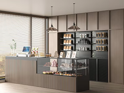 Modern Dessert Shop Interior with Glass Display Case Fresh Pastries Wooden Counter and Pendant Lights 3d model