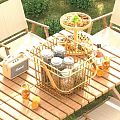 Outdoor Food Display With Metal Basket Glass Jars Cookies Grapes Tray And Wooden Table