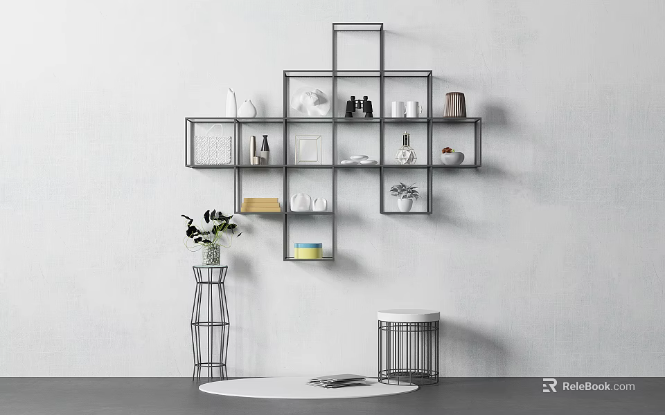 Modern Minimalist Interior Space With Decorative Vase Small Stool And Wall Cabinets 3d model