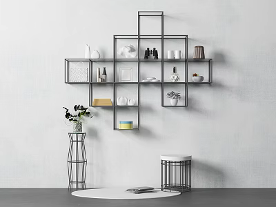 Modern Minimalist Interior Space With Decorative Vase Small Stool And Wall Cabinets 3d model