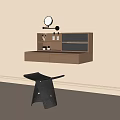 Modern Wall Mounted Light Wood Dressing Table With Round Mirror And Black Stool 3d model