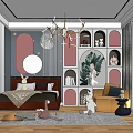 Kids Room Interior Design With Chandelier Bed Rabbit Plush Bookshelf Green Art And Wooden Floor