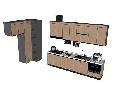 Modern Wooden Kitchen Cabinets With Upper Lower Units Stove And Sink Design 3d model