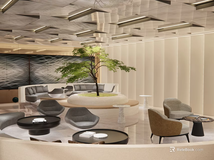 Modern Comfortable Lounge Area With Cozy Sofa Round Coffee Table Green Plant And Soft Lighting 3d model 