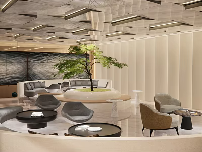Modern Comfortable Lounge Area With Cozy Sofa Round Coffee Table Green Plant And Soft Lighting 3d model