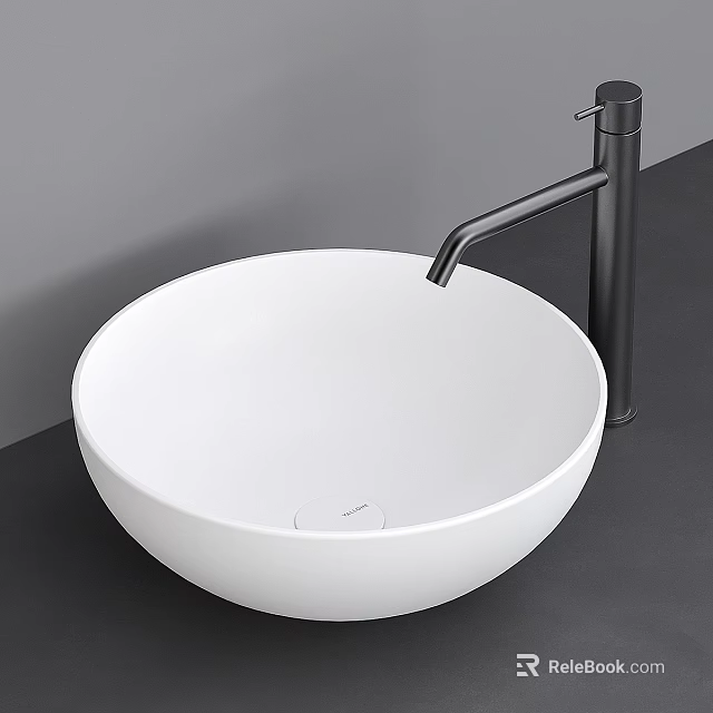 Modern White Round Above Counter Wash Basin With Black Faucet On Gray Countertop 3d model 