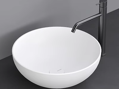 Modern White Round Above Counter Wash Basin With Black Faucet On Gray Countertop 3d model
