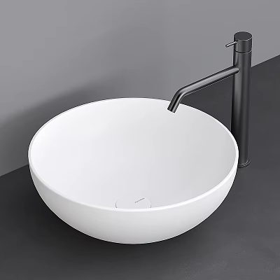 Modern White Round Above Counter Wash Basin With Black Faucet On Gray Countertop 3d model