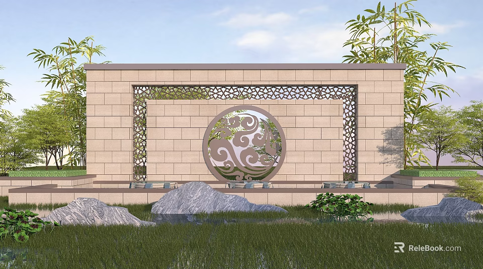 Stone Landscape Wall With Ornate Circular Carving And Surrounding Green Plants Rocks And Lawn 3d model 