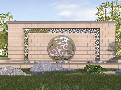 Stone Landscape Wall With Ornate Circular Carving And Surrounding Green Plants Rocks And Lawn 3d model