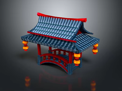 Chinese Traditional Pavilion With Blue Tiled Roof Red Frame And Hanging Lanterns 3d model