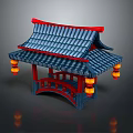 Chinese Traditional Pavilion With Blue Tiled Roof Red Frame And Hanging Lanterns