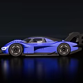 Blue Modern Sporty Race Car With Streamlined Design Large Rear Wing And Black Wheels