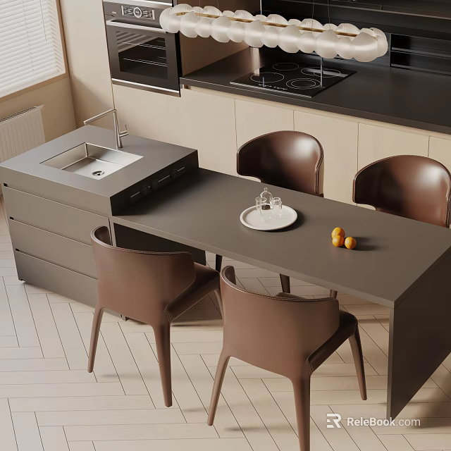 Modern Dining Table Set With Grey Tabletop Four Brown Chairs Plate And Fresh Fruits 3d model 