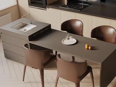 Modern Dining Table Set With Grey Tabletop Four Brown Chairs Plate And Fresh Fruits 3d model