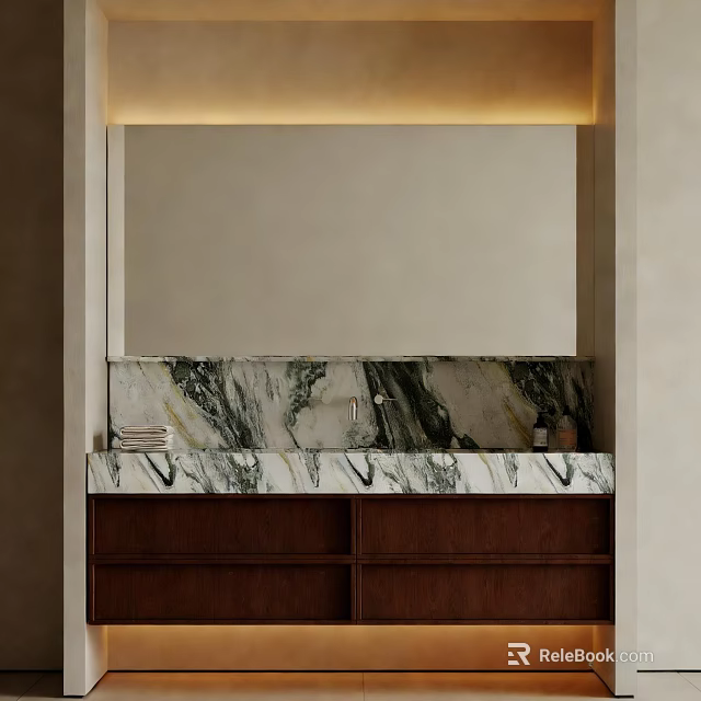 Elegant Bathroom Vanity With Marble Countertop Mirror And Dark Wooden Cabinet 3d model 