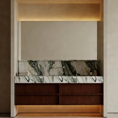 Elegant Bathroom Vanity With Marble Countertop Mirror And Dark Wooden Cabinet 3d model