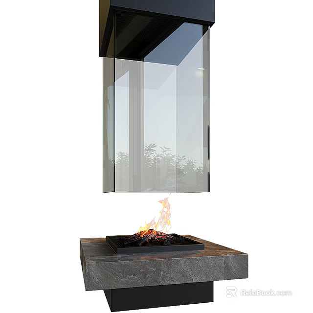 Modern Hanging Fireplace With Transparent Glass Panel And Burning Flames On Stone Base 3d model 