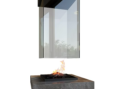 Modern Hanging Fireplace With Transparent Glass Panel And Burning Flames On Stone Base 3d model