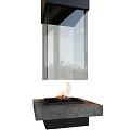 Modern Hanging Fireplace With Transparent Glass Panel And Burning Flames On Stone Base