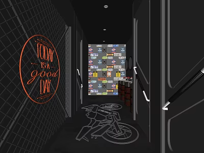 Modern Public Toilet Corridor With Guest Sign Graffiti Wall And Bicycle Design 3d model