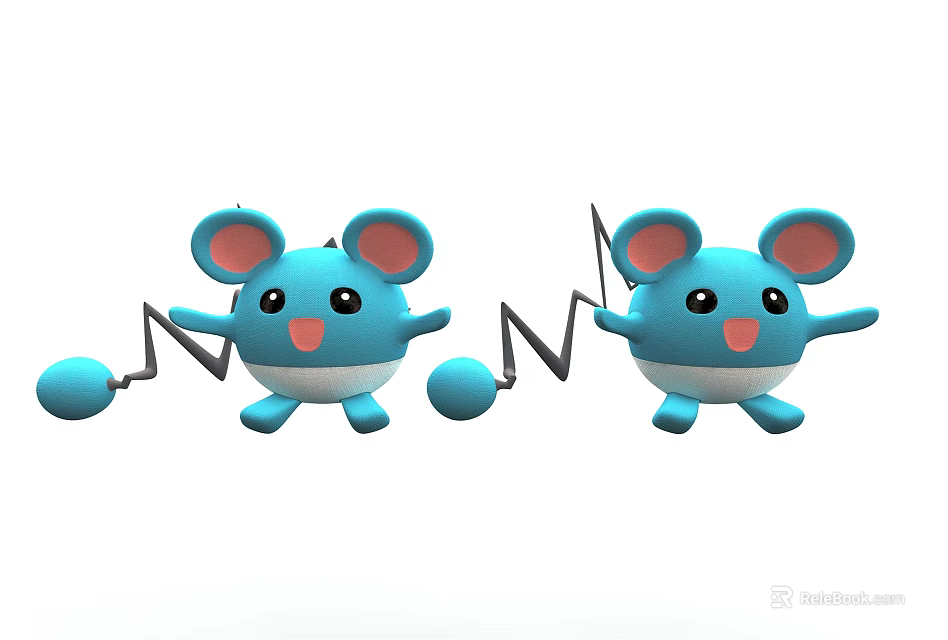 Blue Mouse Shaped Dolls with Big Pink Inner Ears Smiling Face and Music Note Ball 3d model 