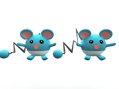 Blue Mouse Shaped Dolls with Big Pink Inner Ears Smiling Face and Music Note Ball 3d model
