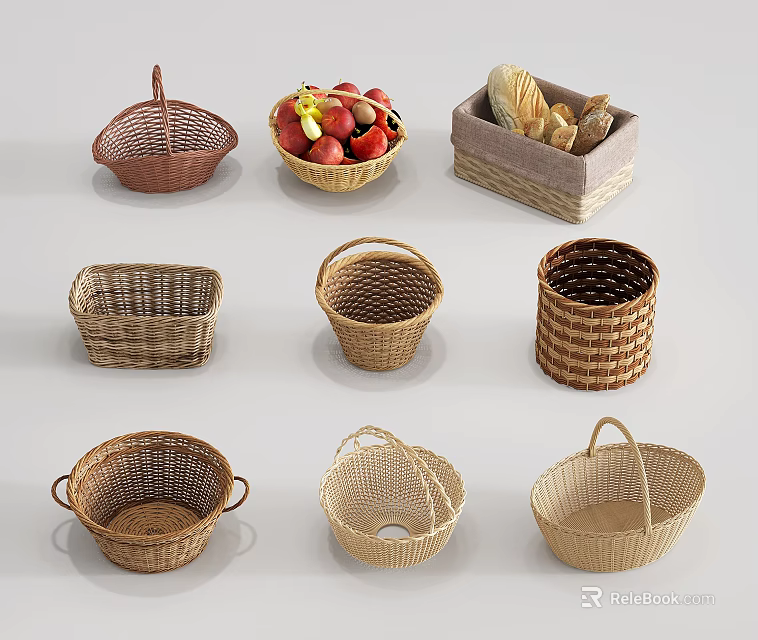 Woven Storage Baskets Various Styles Shapes for Home Fruit Bread Organization 3d model