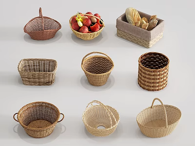 Woven Storage Baskets Various Styles Shapes for Home Fruit Bread Organization 3d model