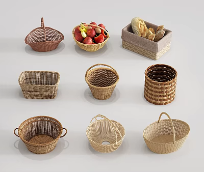 Woven Storage Baskets Various Styles Shapes for Home Fruit Bread Organization 3d model