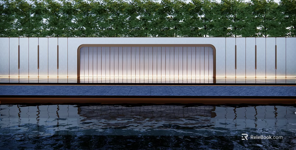 Modern Feature Wall Design With Illuminated Panels Water Reflection And Greenery Background 3d model 