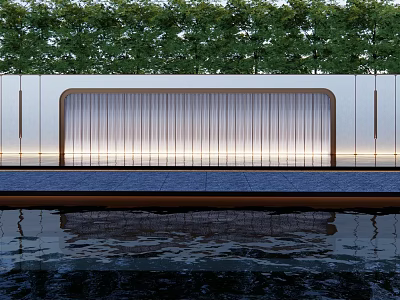 Modern Feature Wall Design With Illuminated Panels Water Reflection And Greenery Background 3d model
