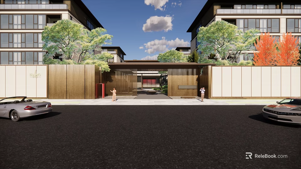 Modern Entrance Gate in Residential Area with Green Trees and Pedestrians 3d model 