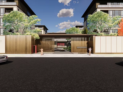Modern Entrance Gate in Residential Area with Green Trees and Pedestrians 3d model
