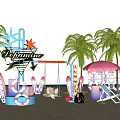 Summer Beach Scene With Dejamine Sign Pink Umbrella Palm Trees Swing Lifebuoys And Campfire
