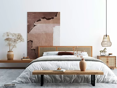 Modern Double Bed With Rattan Headboard And Art Decor 3d model