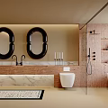 Contemporary Bathroom Featuring Double Oval Mirrors Marble Countertop Wall Mounted Toilet Bathtub And Patterned Rug