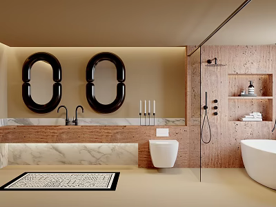 Contemporary Bathroom Featuring Double Oval Mirrors Marble Countertop Wall Mounted Toilet Bathtub And Patterned Rug 3d model