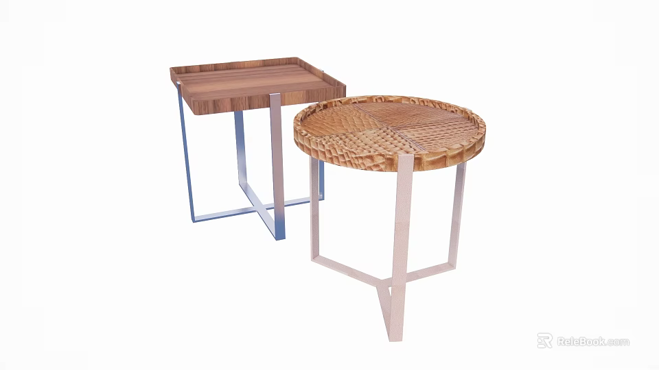 Square Wooden Table With Metal Legs And Round Woven Table With Wooden Legs Set 3d model 