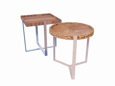 Square Wooden Table With Metal Legs And Round Woven Table With Wooden Legs Set 3d model