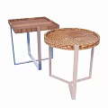 Square Wooden Table With Metal Legs And Round Woven Table With Wooden Legs Set
