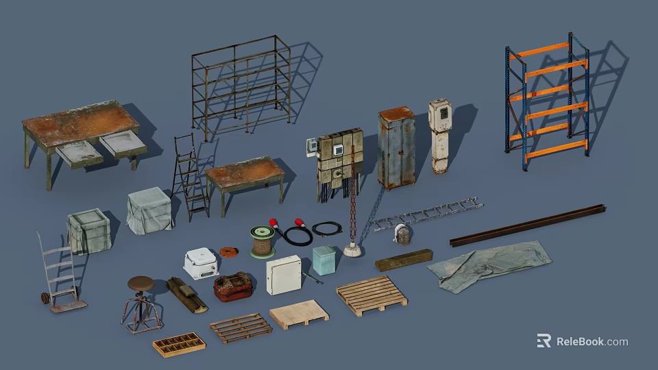 Industrial Workshop Equipment With Metal Shelves Workbench Ladder Wooden Crates And Cables 3d model 