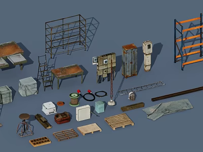 Industrial Workshop Equipment With Metal Shelves Workbench Ladder Wooden Crates And Cables 3d model