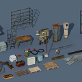 Industrial Workshop Equipment With Metal Shelves Workbench Ladder Wooden Crates And Cables