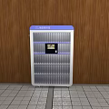 Blue And White Modern Bookcase With Digital Display Panel Against Wooden Wall On Tile Floor
